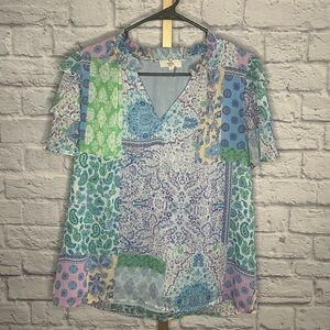 Entro small Boho Patchwork V-Neck Women’s Top in Blue, Green & Pink